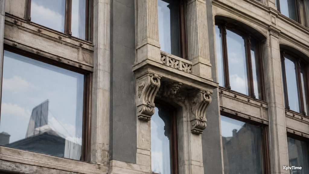 Декоративні кронштейни й вузьке вікно між великими вікнами історичної будівлі.